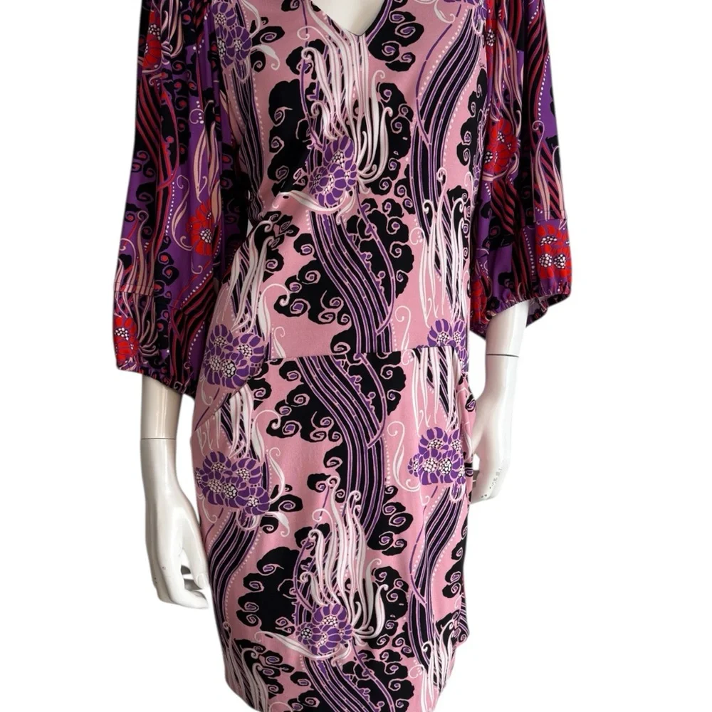 Roberto Cavalli Pink, Black & Purple Printed V-Neck Dress - Picture 3 of 10